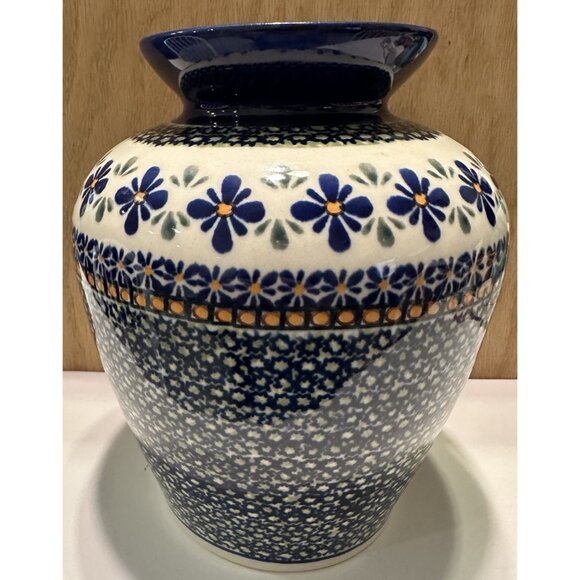 VTG UNIKAT Boleslawiec Polish Pottery FloralVase Dot Flowers Stoneware Pansy